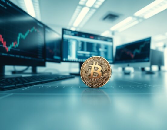 Bitcoin coin on a trading desk with monitors showing price charts and moving averages