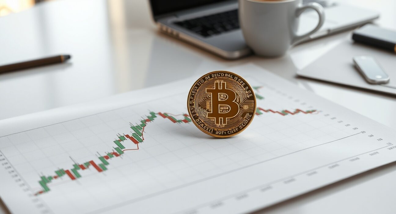 Bitcoin coin on financial chart with 200-week moving average line indicating support level