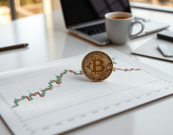 Bitcoin coin on financial chart with 200-week moving average line indicating support level
