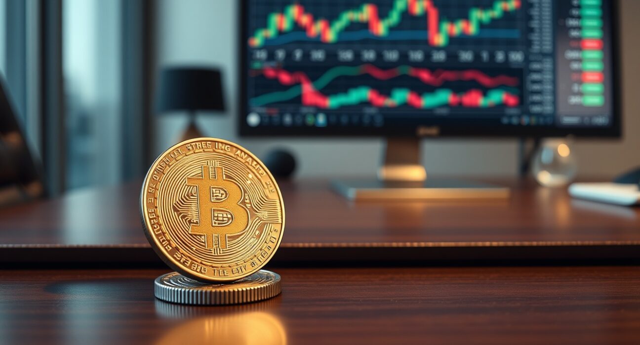 Bitcoin coin on desk with chart monitor in background, financial analysis theme