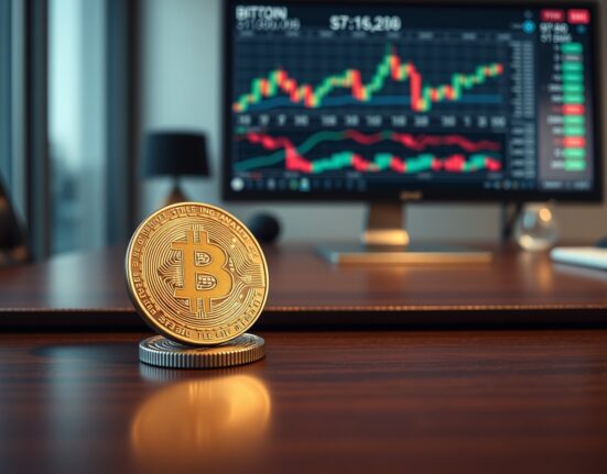 Bitcoin coin on desk with chart monitor in background, financial analysis theme