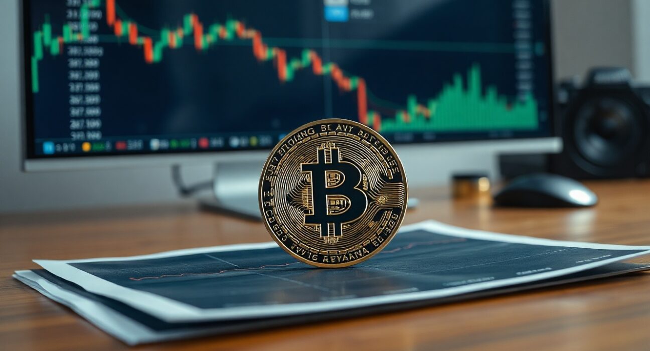 Bitcoin coin on a financial chart showing a downward trend near a moving average line.