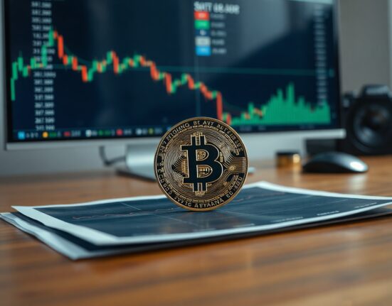 Bitcoin coin on a financial chart showing a downward trend near a moving average line.