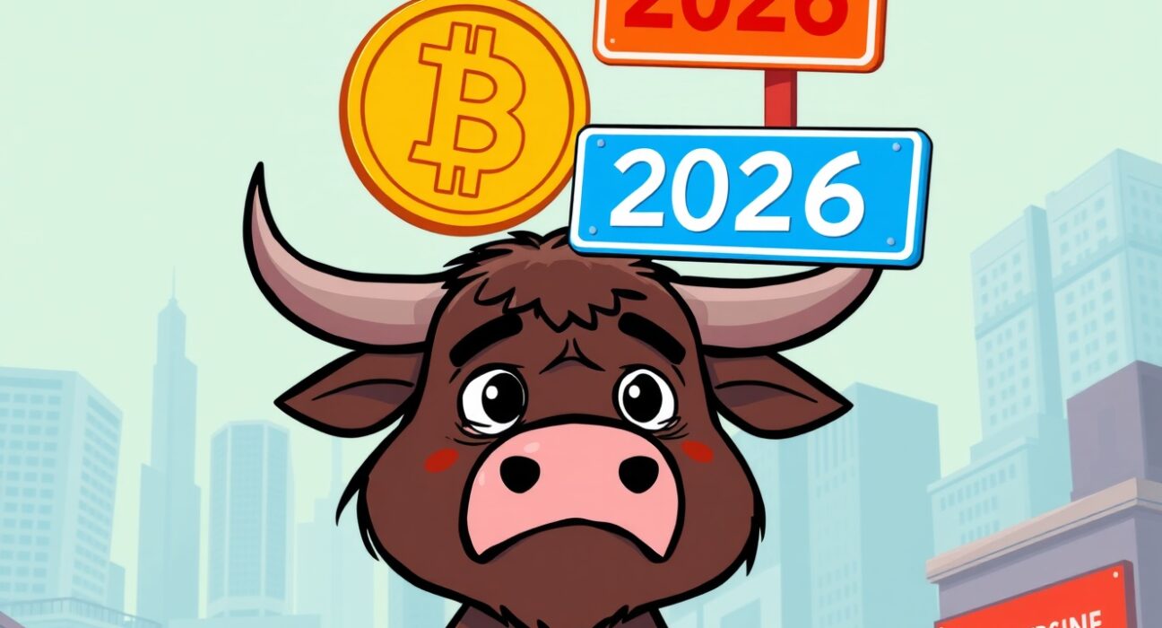Cartoon illustration of Bitcoin market volatility with 2026 forecast showing price struggles