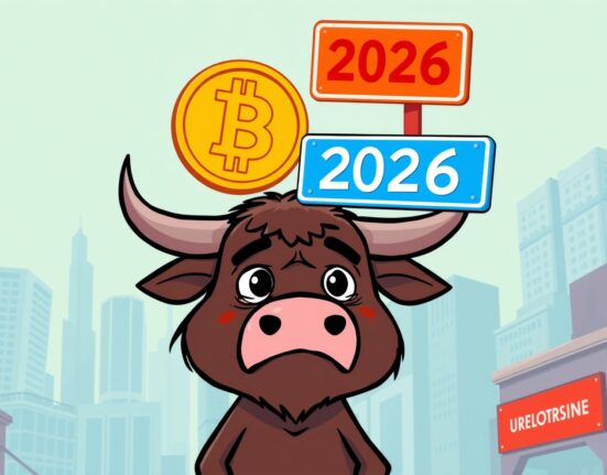 Cartoon illustration of Bitcoin market volatility with 2026 forecast showing price struggles