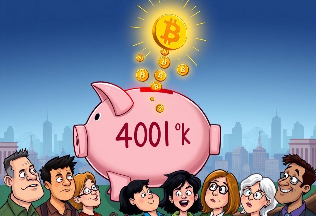 Cartoon showing a 401(k) fund flowing into a growing Bitcoin symbol, illustrating the potential impact of Bitcoin 401(k) allocation.