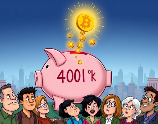 Cartoon showing a 401(k) fund flowing into a growing Bitcoin symbol, illustrating the potential impact of Bitcoin 401(k) allocation.