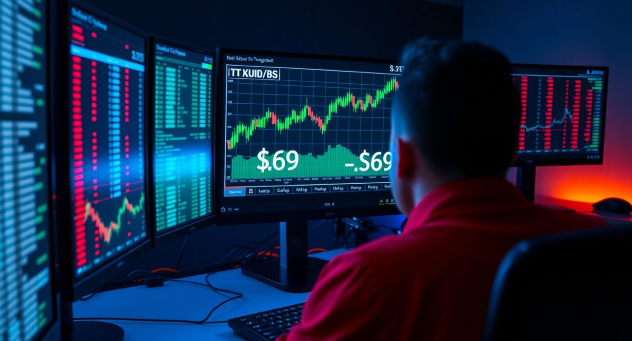 Trading desk with Bitcoin price chart showing a large leveraged long position entry