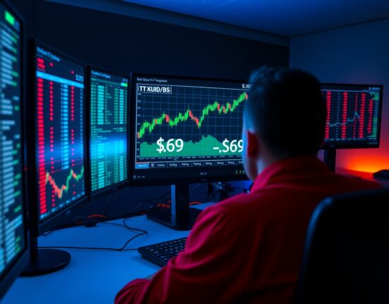 Trading desk with Bitcoin price chart showing a large leveraged long position entry