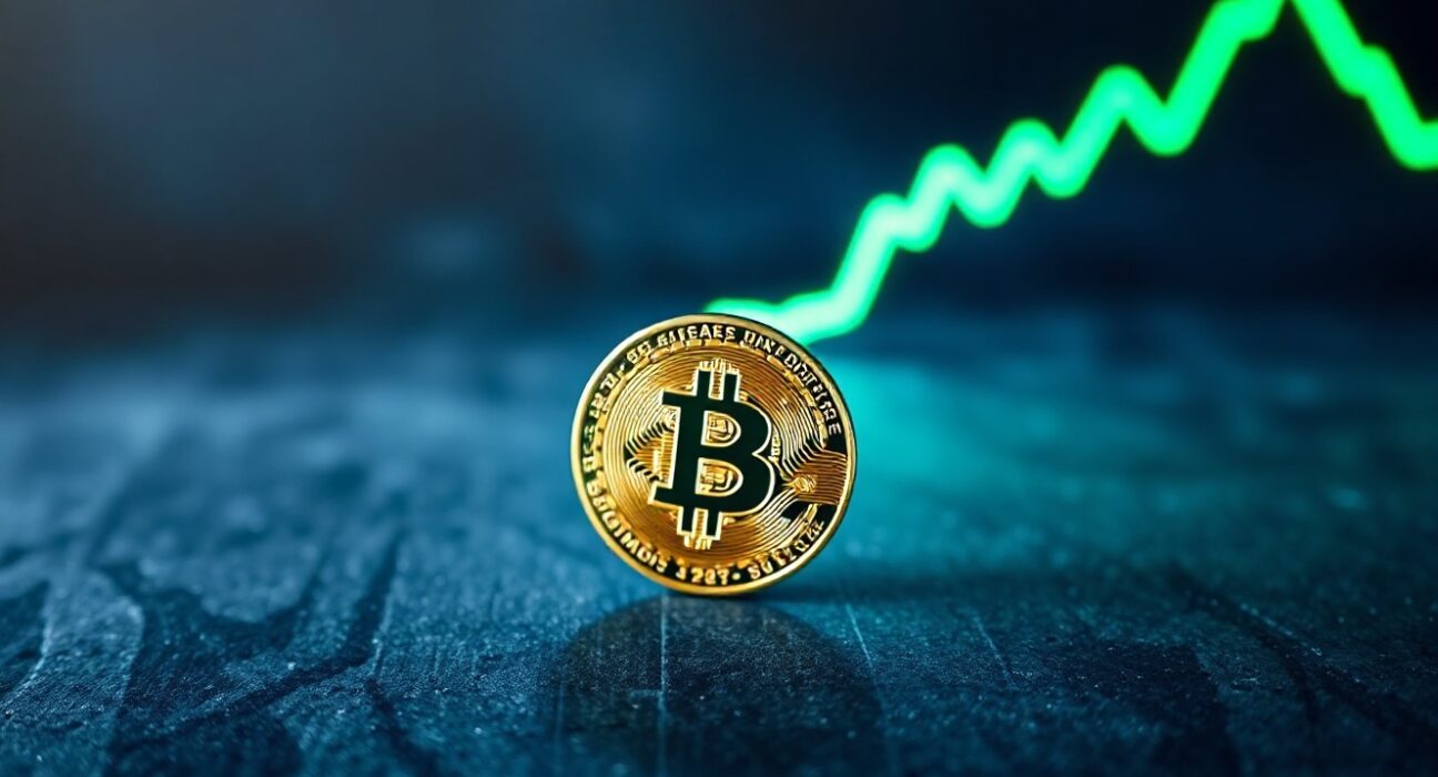 Bitcoin coin with a green bullish chart line in the background, symbolizing a potential market bottom and bull run.