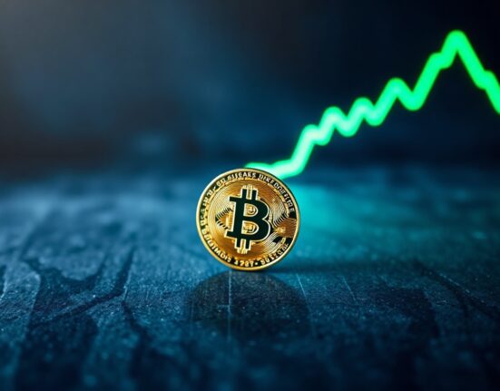 Bitcoin coin with a green bullish chart line in the background, symbolizing a potential market bottom and bull run.