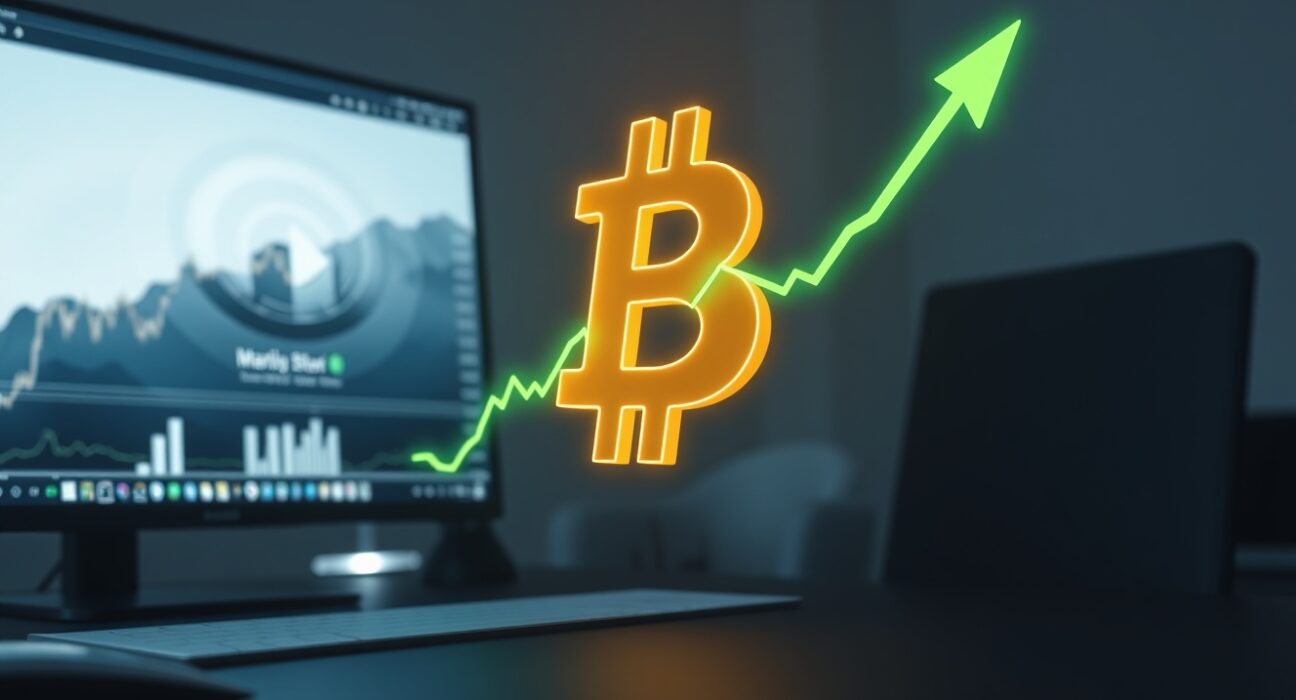 Bitcoin symbol breaking above a key technical analysis line on a financial chart, representing a momentum shift.