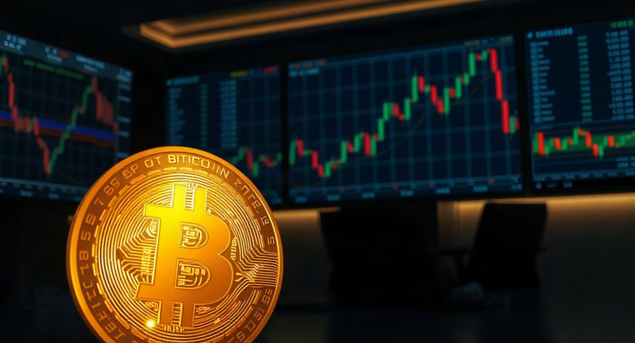 Bitcoin coin in foreground with trading charts on monitors in background, symbolizing market analysis