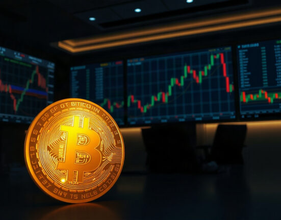 Bitcoin coin in foreground with trading charts on monitors in background, symbolizing market analysis
