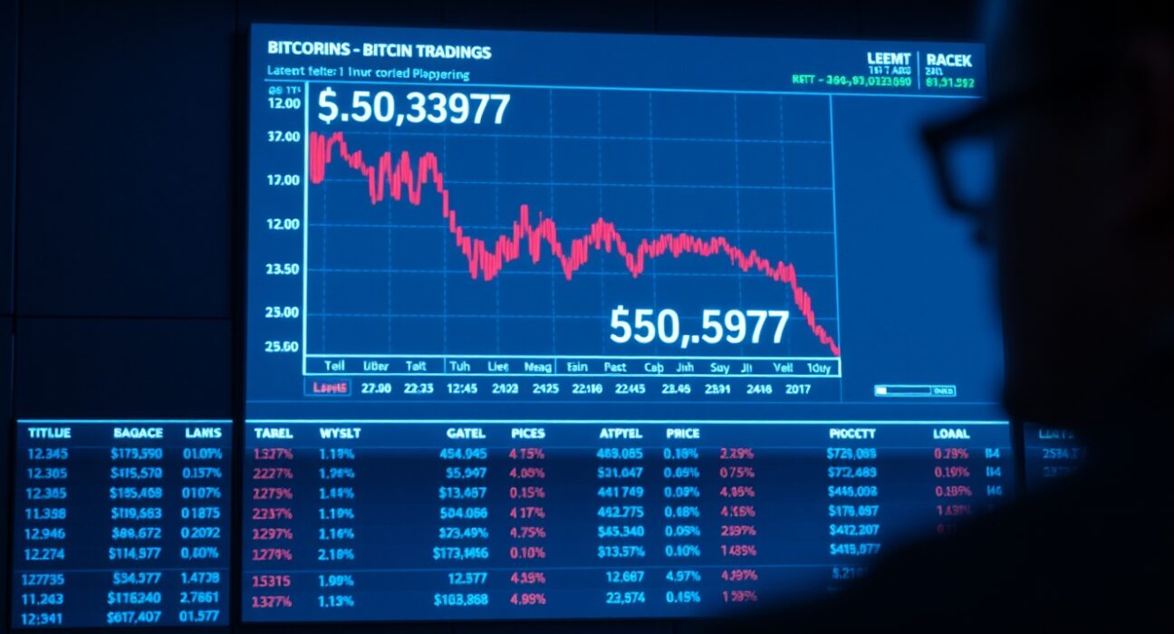 Bitcoin price chart approaching $60,697 liquidation level on a dark trading floor display.