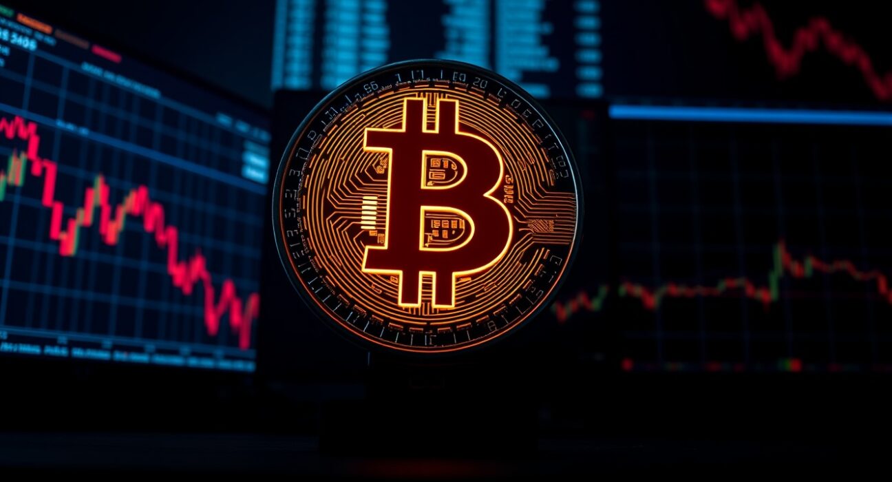 Bitcoin symbol with digital trading charts and red downward arrows in background