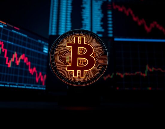 Bitcoin symbol with digital trading charts and red downward arrows in background