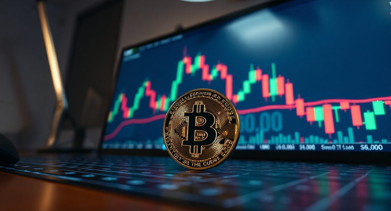Bitcoin coin on a trading chart with downward trend and key support levels highlighted.