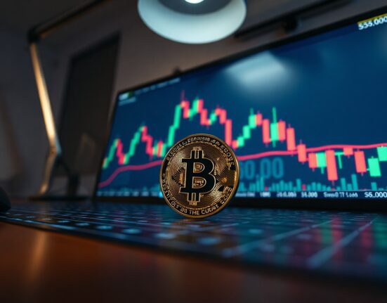Bitcoin coin on a trading chart with downward trend and key support levels highlighted.