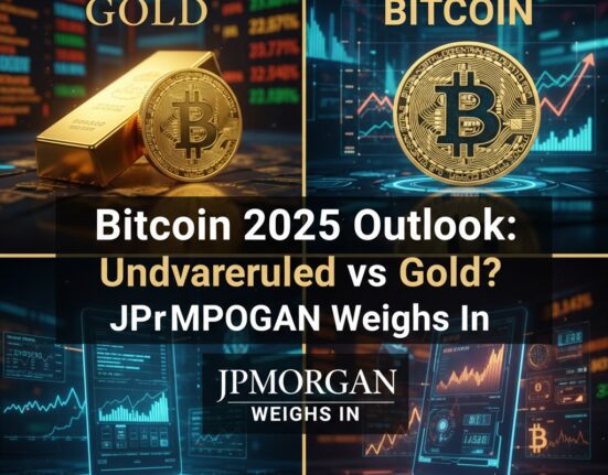 A divided image comparing gold and Bitcoin. The top left shows a gold bar and a Bitcoin coin labeled "GOLD." The top right shows a Bitcoin coin over digital charts labeled "BITCOIN." The center text reads "Bitcoin 2025 Outlook: Undvareruled vs Gold? JPMorgan Weighs In." The bottom section features futuristic digital interfaces with charts and the "JPMORGAN WEIGHS IN" logo.