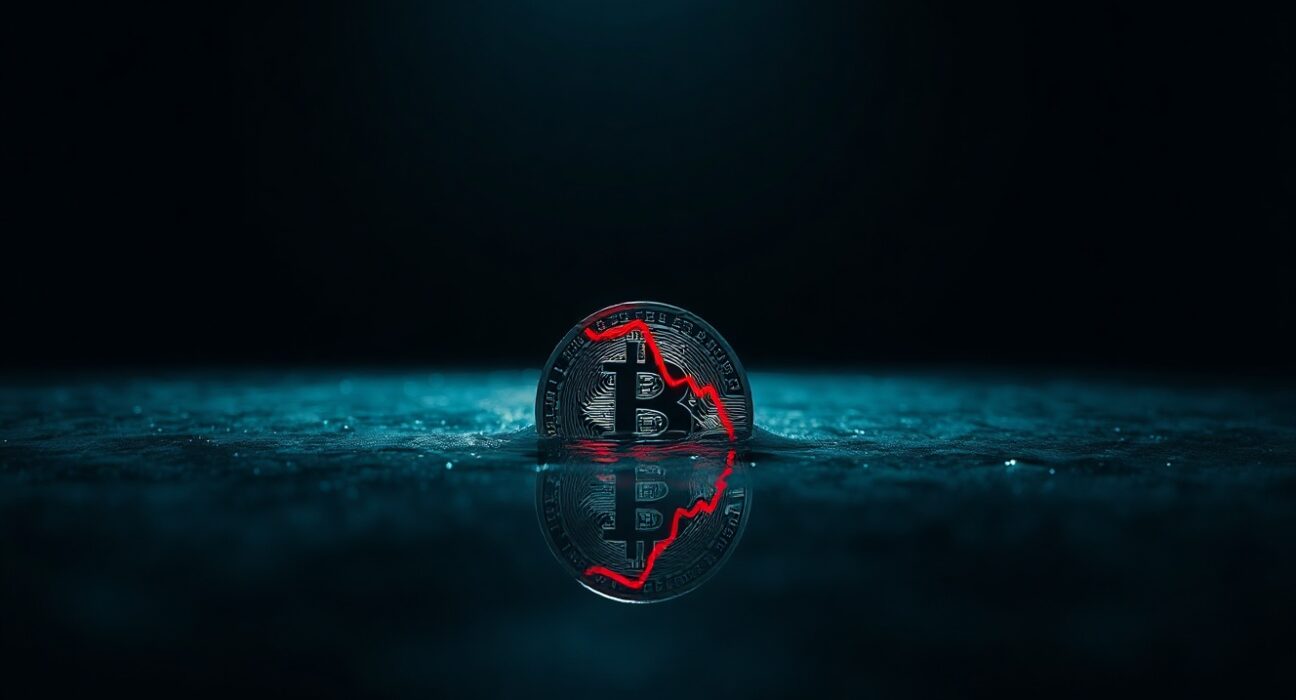 Bitcoin coin partially submerged in water with a downward chart reflection symbolizing a bearish market outlook.