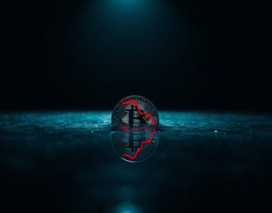Bitcoin coin partially submerged in water with a downward chart reflection symbolizing a bearish market outlook.