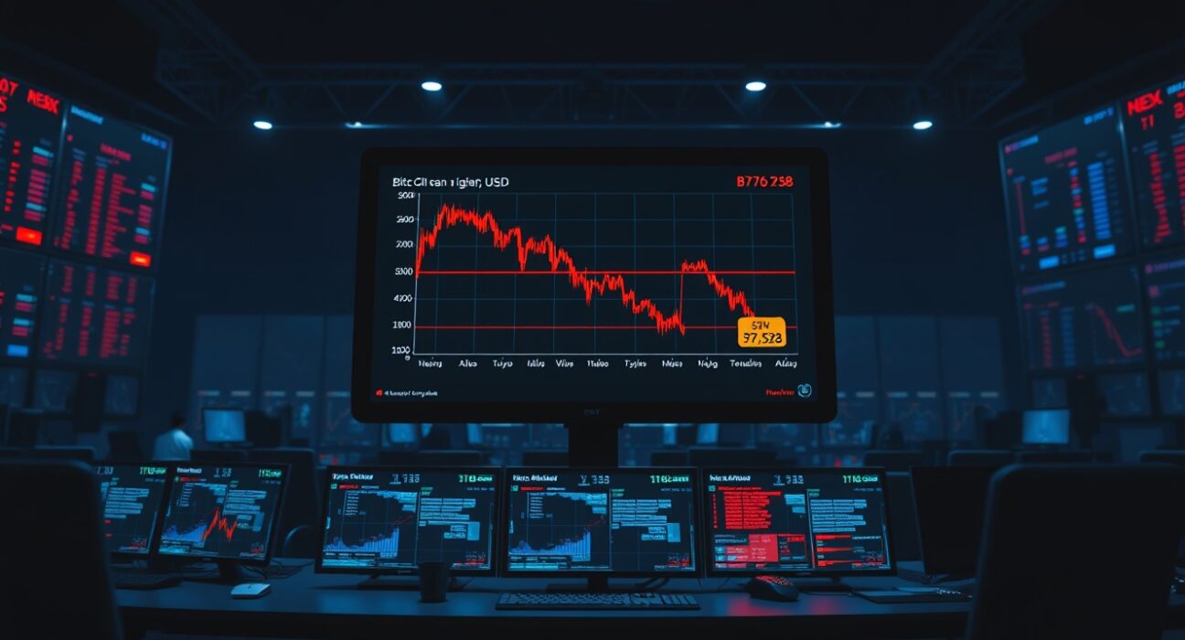 Trading desk monitors showing Bitcoin price chart with liquidation warning levels