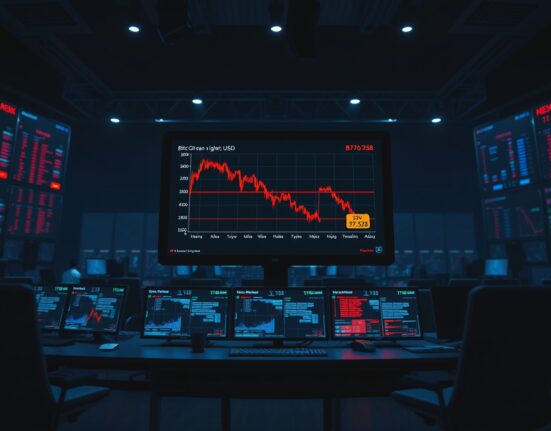 Trading desk monitors showing Bitcoin price chart with liquidation warning levels