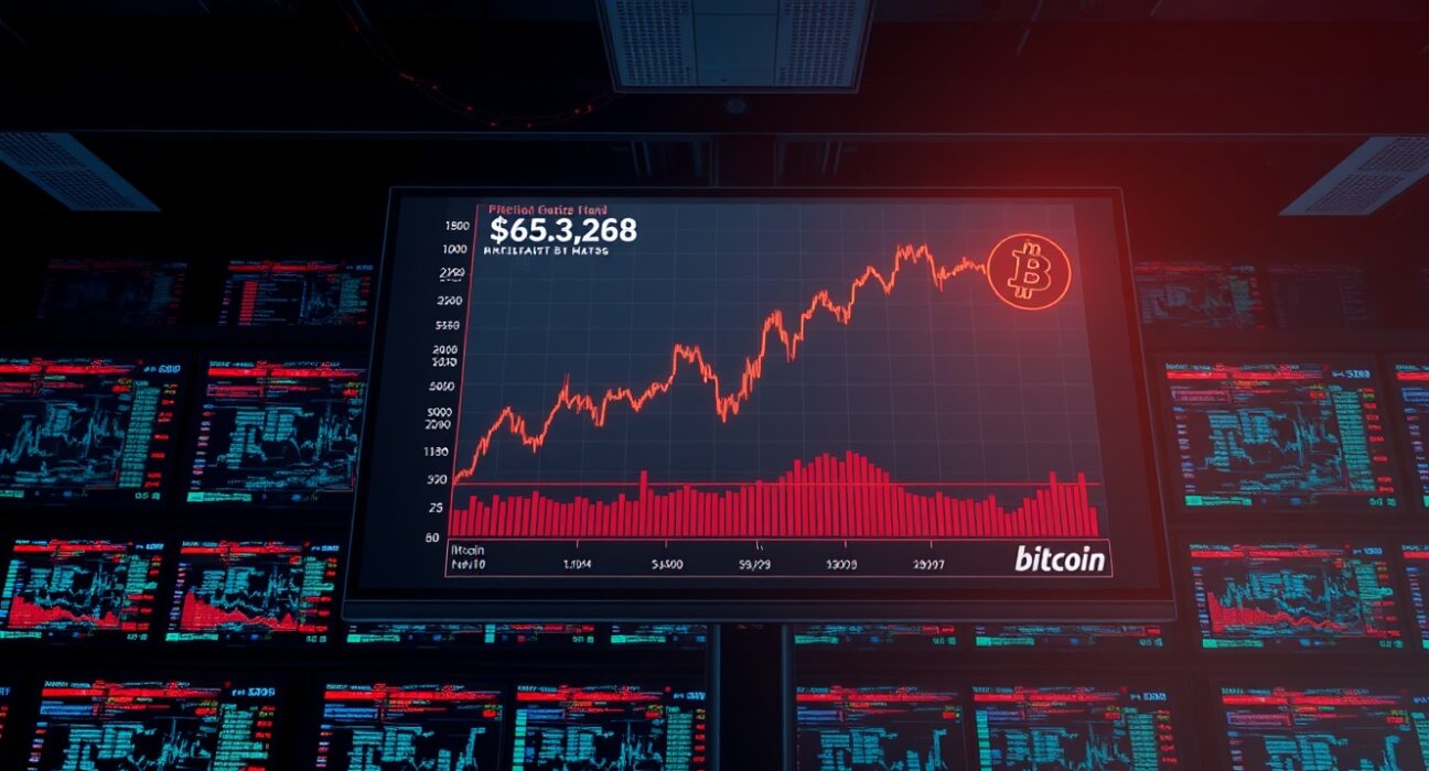 Bitcoin price chart approaching $63,268 liquidation wall on trading monitors