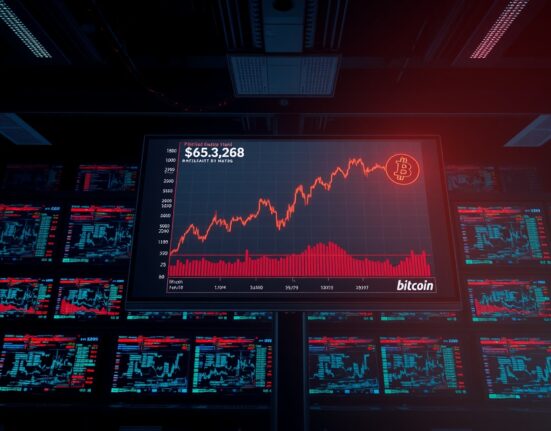 Bitcoin price chart approaching $63,268 liquidation wall on trading monitors