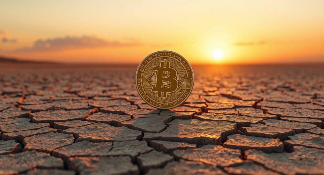 Bitcoin coin resting on cracked desert floor at sunset, symbolizing a potential market bottom
