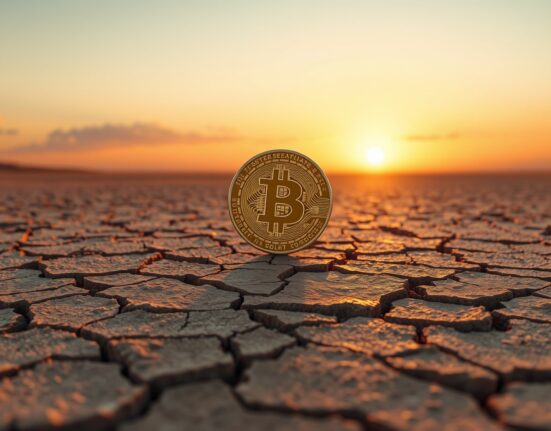 Bitcoin coin resting on cracked desert floor at sunset, symbolizing a potential market bottom