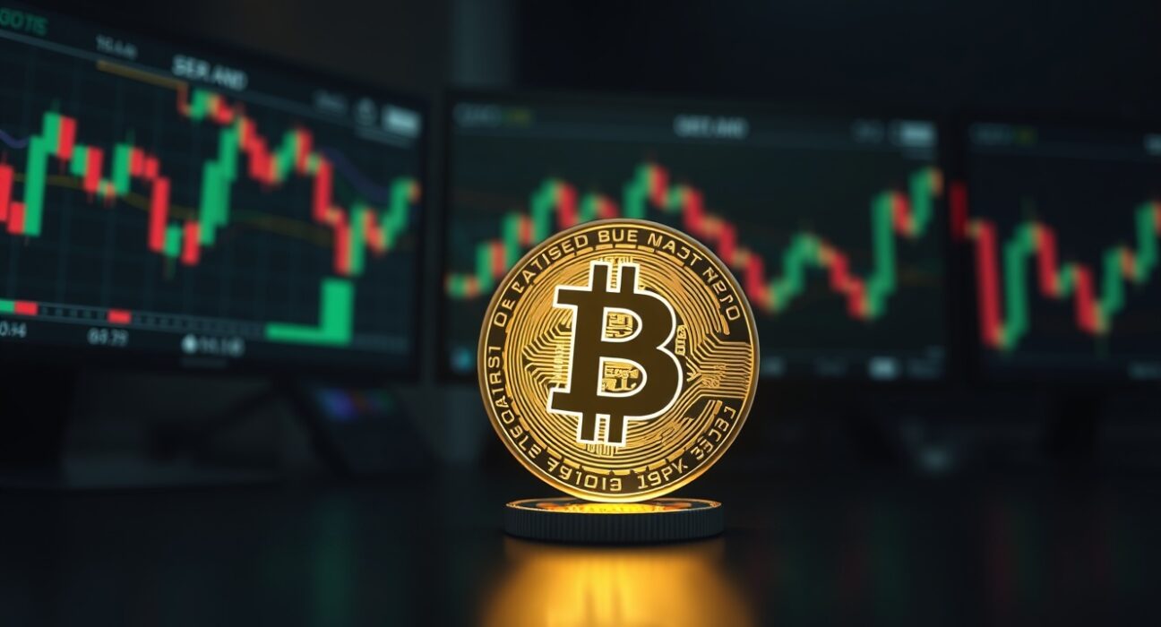 Bitcoin coin on a trading desk with blurred monitors showing candlestick charts