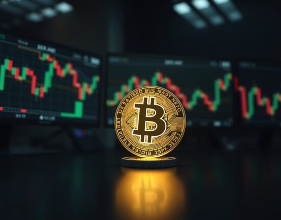 Bitcoin coin on a trading desk with blurred monitors showing candlestick charts