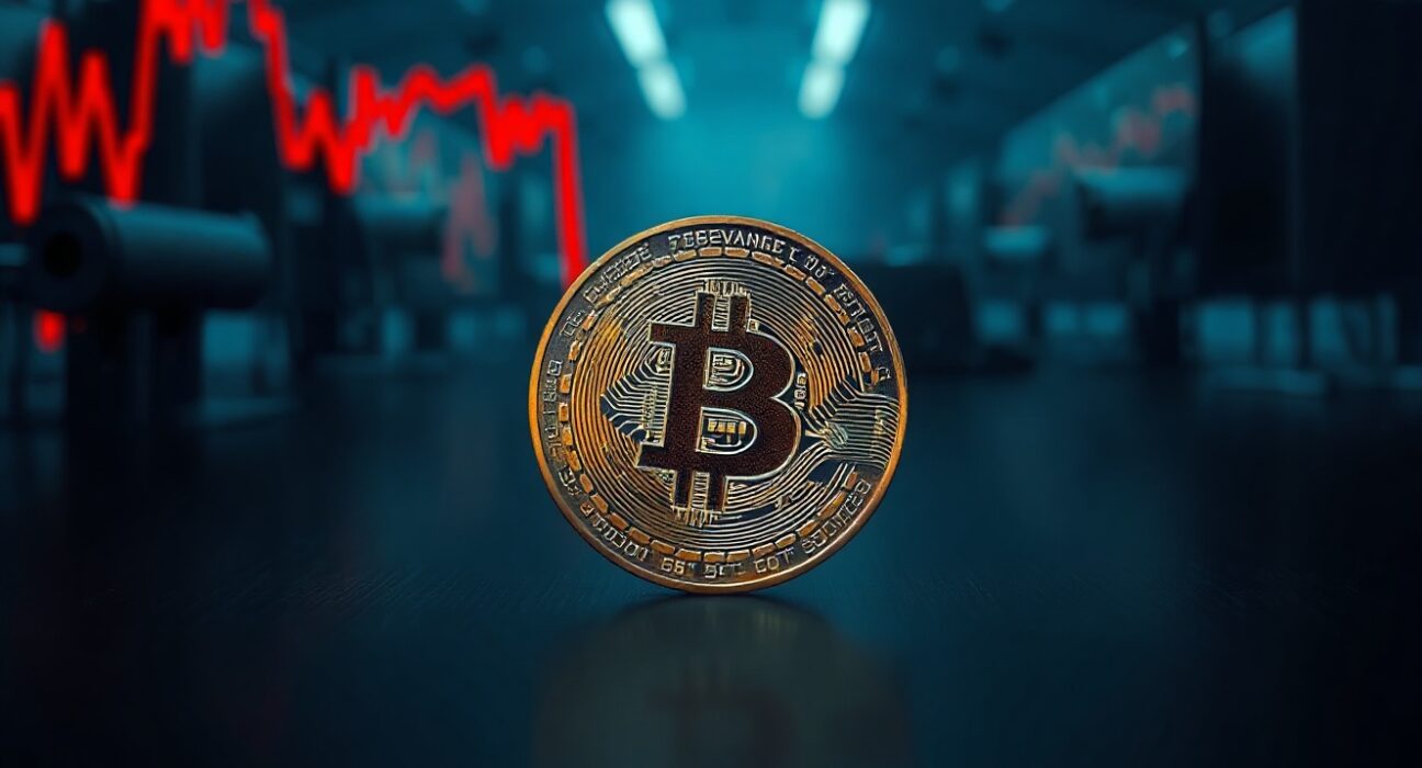 Bitcoin coin on a dark surface with a downward-trending red graph in the background