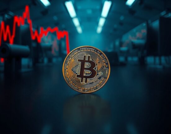 Bitcoin coin on a dark surface with a downward-trending red graph in the background