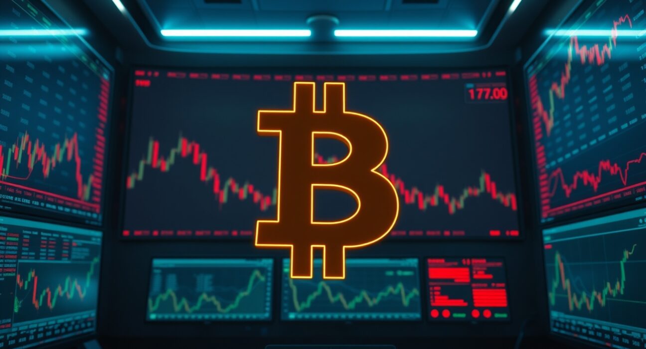Bitcoin price chart with red candlesticks and a glowing Bitcoin symbol at center, indicating bearish pressure near $60,000 support.
