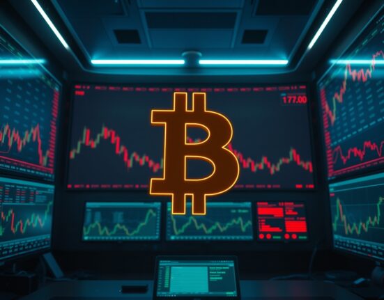 Bitcoin price chart with red candlesticks and a glowing Bitcoin symbol at center, indicating bearish pressure near $60,000 support.