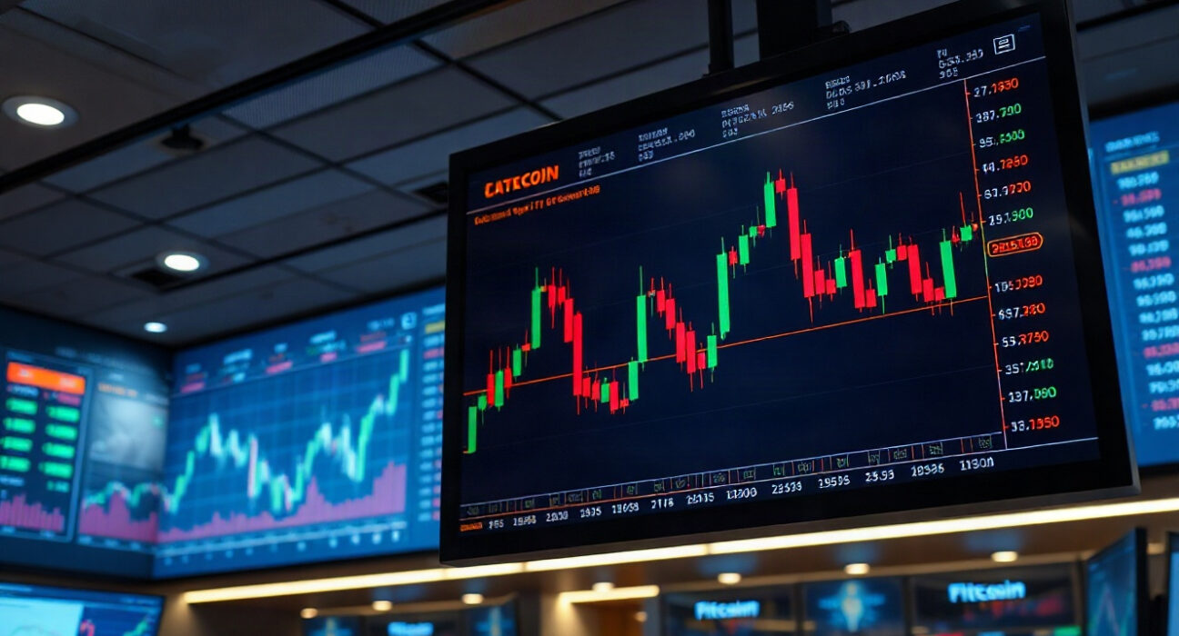 Bitcoin price chart on a trading screen with liquidation levels highlighted
