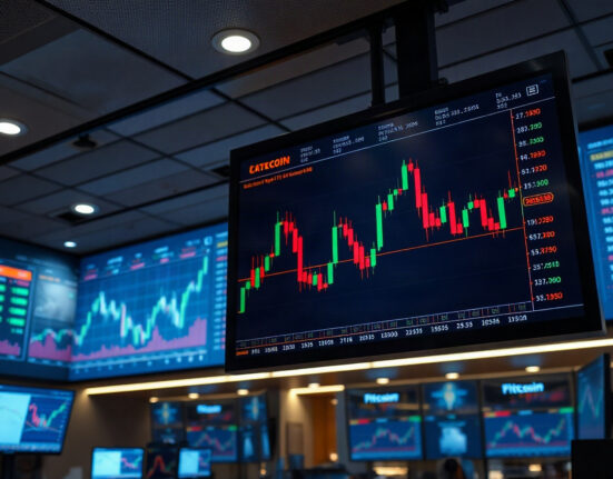 Bitcoin price chart on a trading screen with liquidation levels highlighted