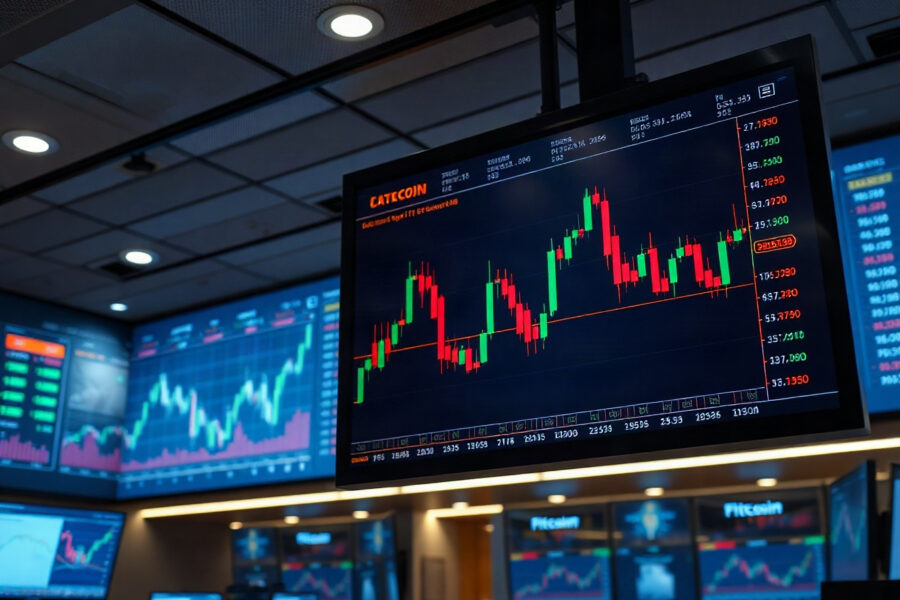 Bitcoin price chart on a trading screen with liquidation levels highlighted