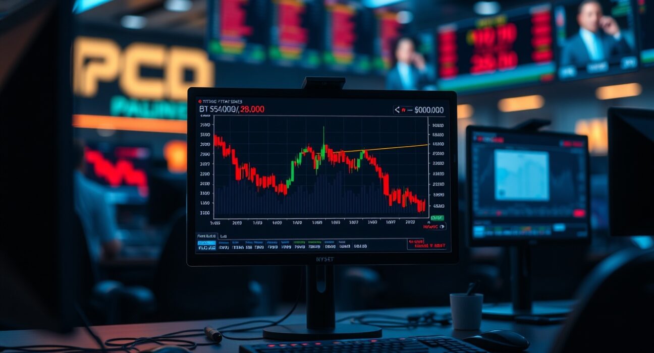 Trading desk monitors showing Bitcoin price chart near $80,000 with liquidation risk data