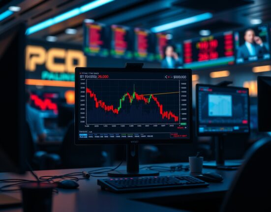 Trading desk monitors showing Bitcoin price chart near $80,000 with liquidation risk data