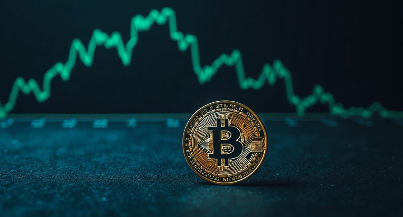 Bitcoin coin on dark surface with a declining chart in background, representing bearish market momentum