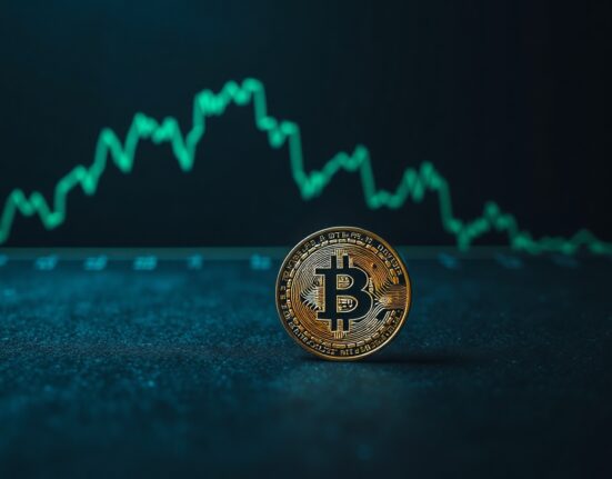 Bitcoin coin on dark surface with a declining chart in background, representing bearish market momentum