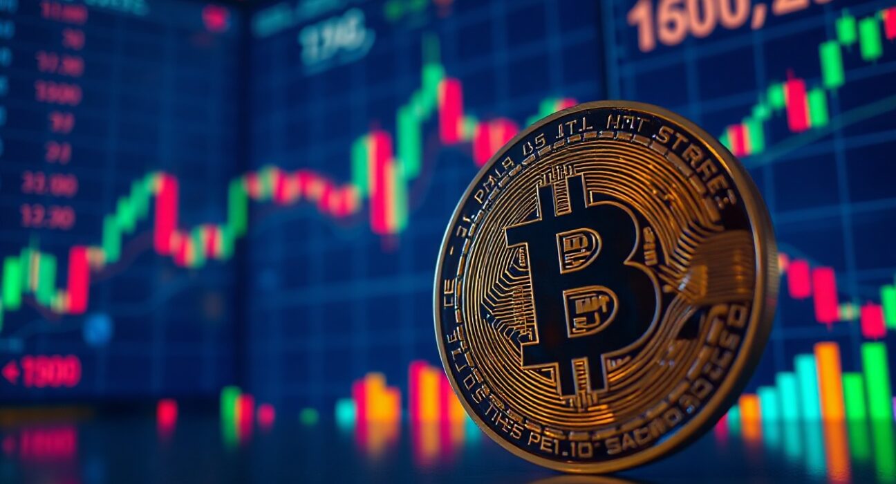 Bitcoin coin in foreground with blurred trading charts in background, illustrating liquidation risk levels.