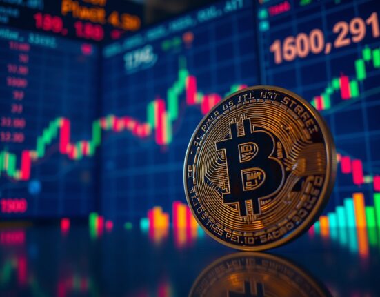 Bitcoin coin in foreground with blurred trading charts in background, illustrating liquidation risk levels.