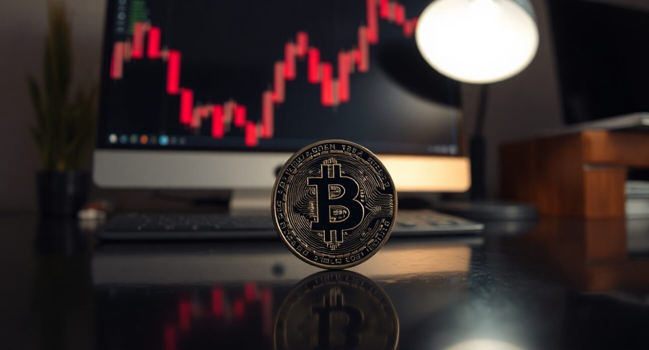 Bitcoin coin with a downward chart in the background, representing bearish market signals