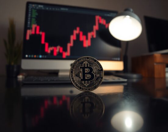 Bitcoin coin with a downward chart in the background, representing bearish market signals