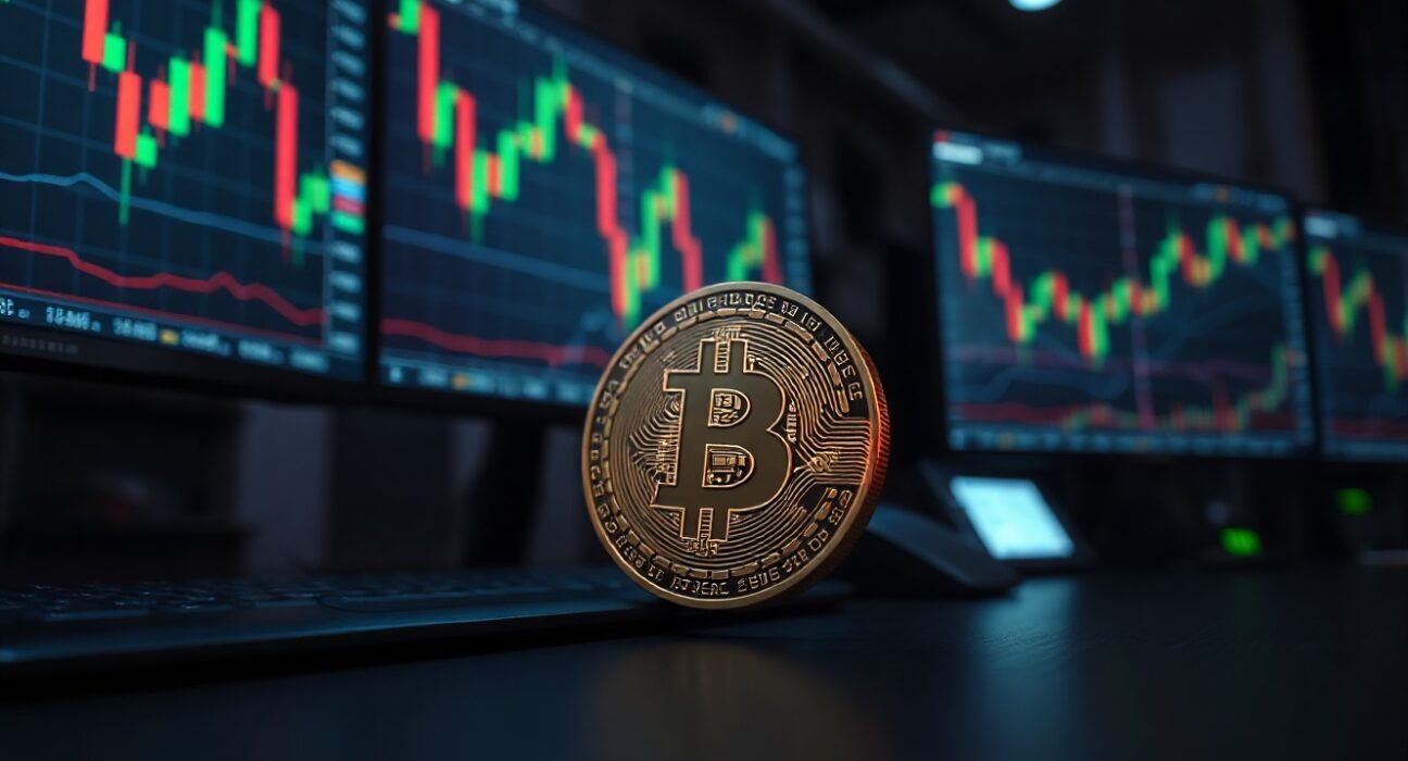 Bitcoin coin in foreground with trading chart monitors in background
